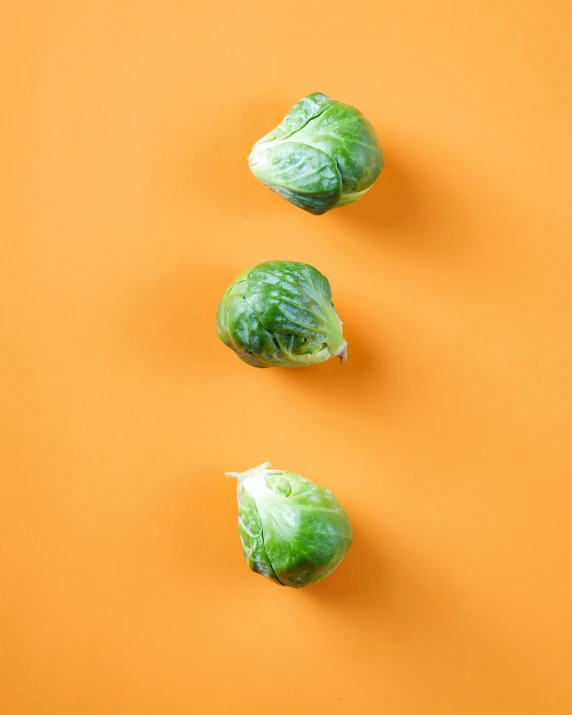 two heads of brussels sprouts sitting on an orange background