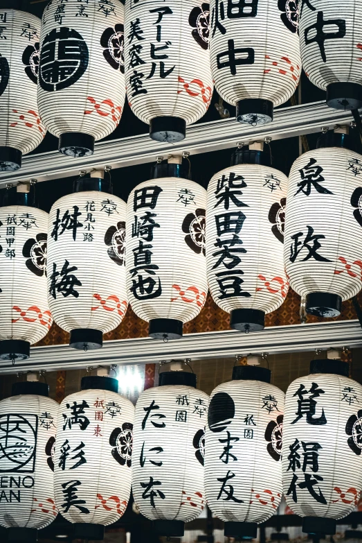 a close up of oriental paper lanterns with writing