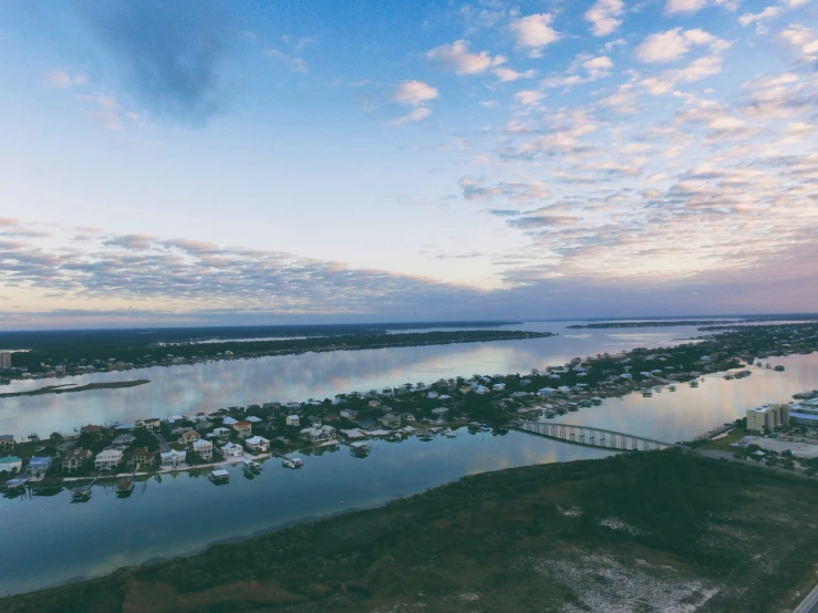 an aerial s of a small port and water