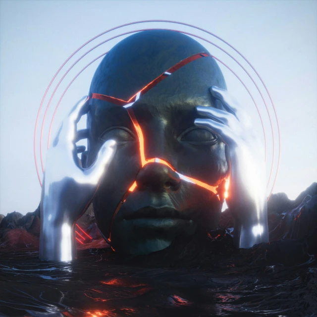 an artist is depicted as she swims through water wearing reflective head gear