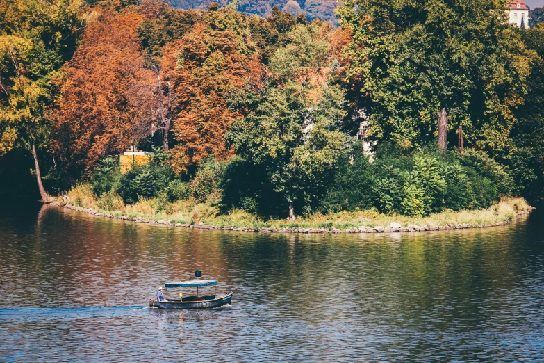 small boat on open water near shore surrounded by trees