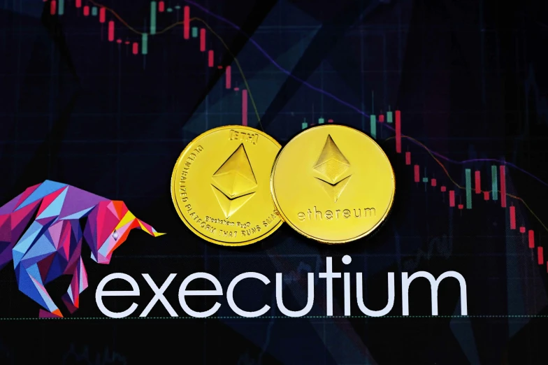 a sign for the crypt firm executium with two gold coins