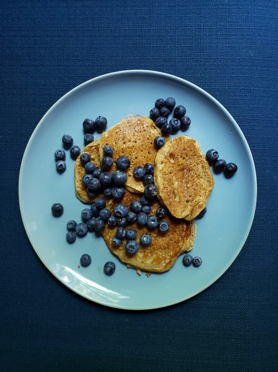a breakfast with french toast and blueberries is served on a plate