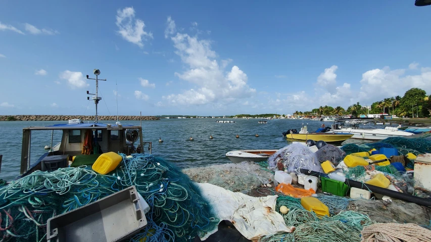 several boats parked in a bay and covered with nets