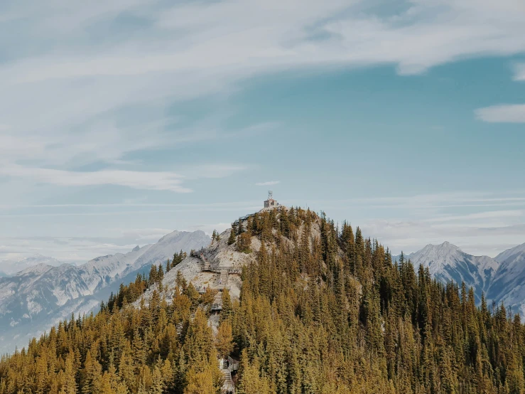 some tall pine trees and mountains with some clouds