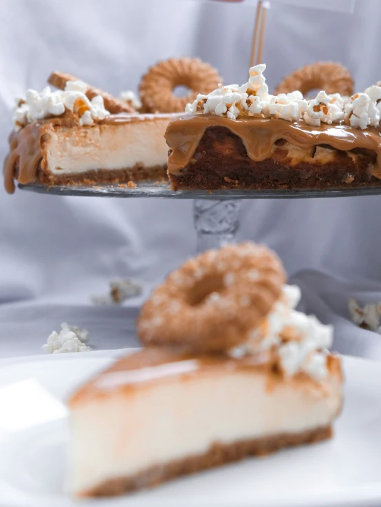 this slice of pie is topped with whipped cream and pretzels