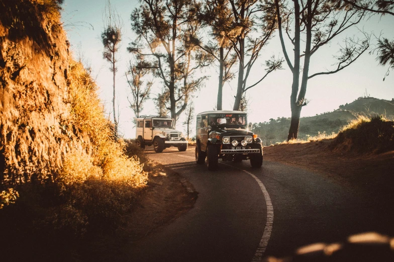 two vehicles on a country road surrounded by trees