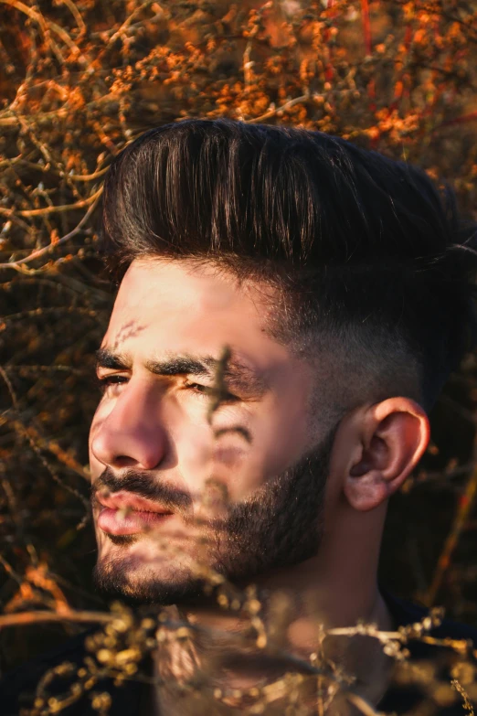 a bearded man with dark hair standing in front of trees