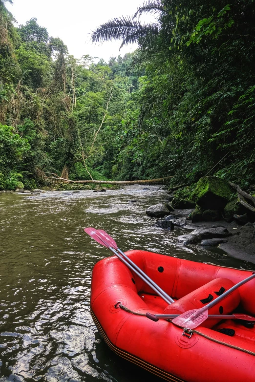 an inflatable raft floating on the side of a river