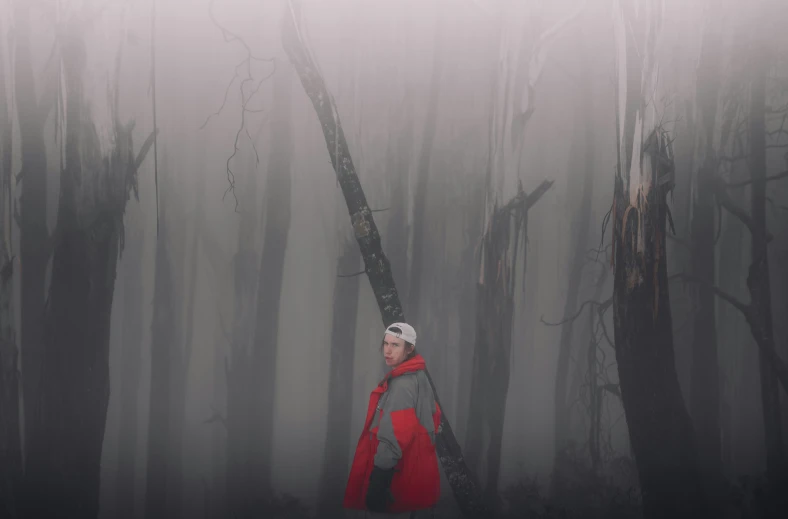 a woman in a red coat walking through a dark foggy forest