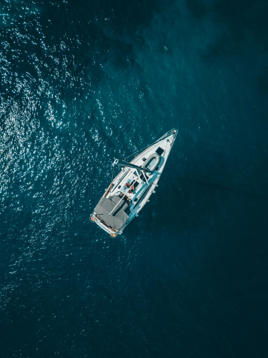 an overhead s of a boat in the blue ocean