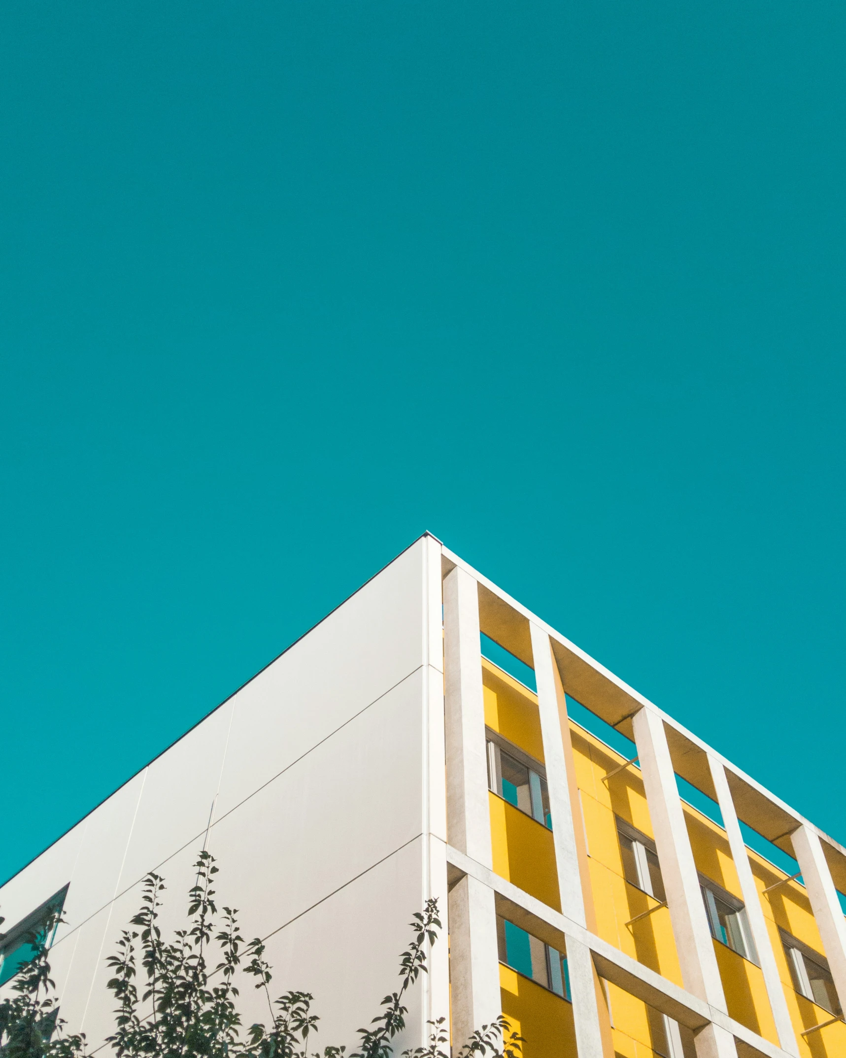 the top of a large building in front of trees