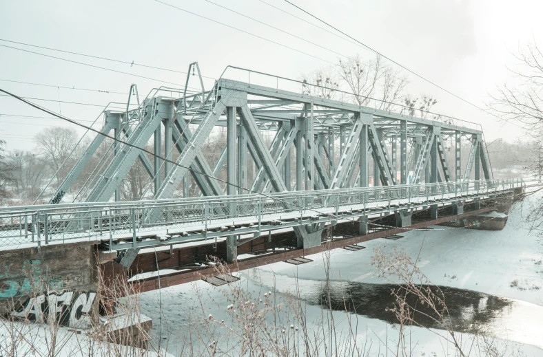 a railroad bridge has snow on it