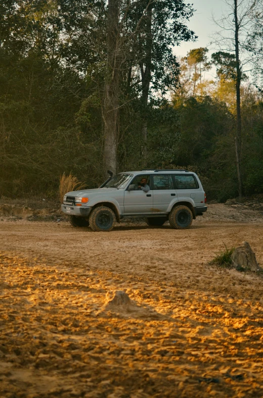 a white suv driving down a dirt road through the forest