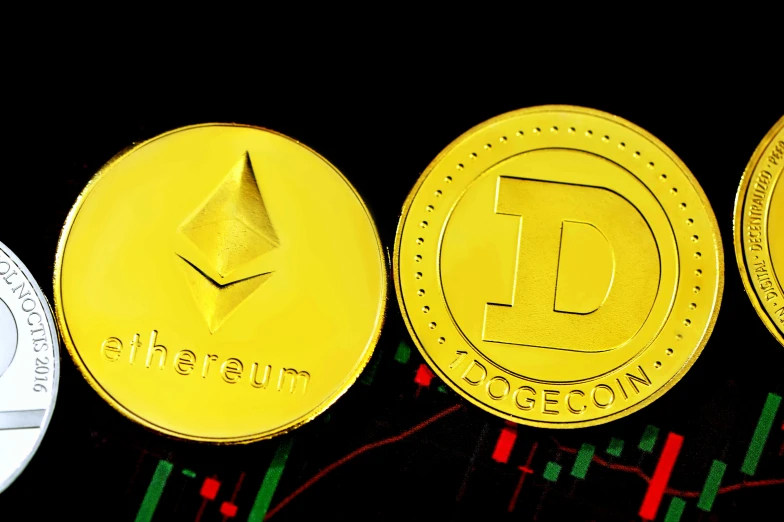 a set of three ethercoins next to an advert