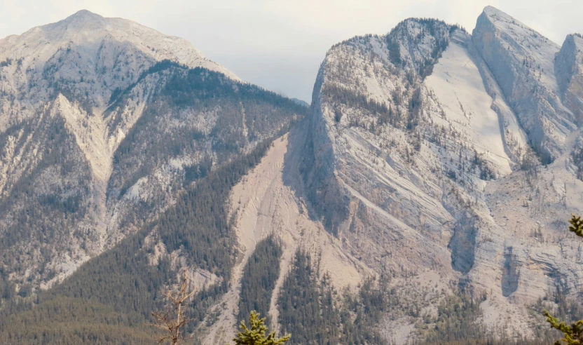 three mountains covered in snow near trees