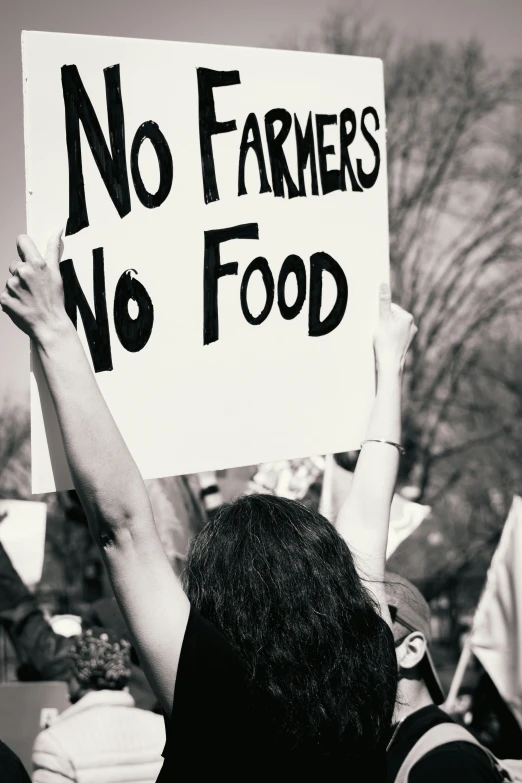 a black and white image of protestors holding up signs