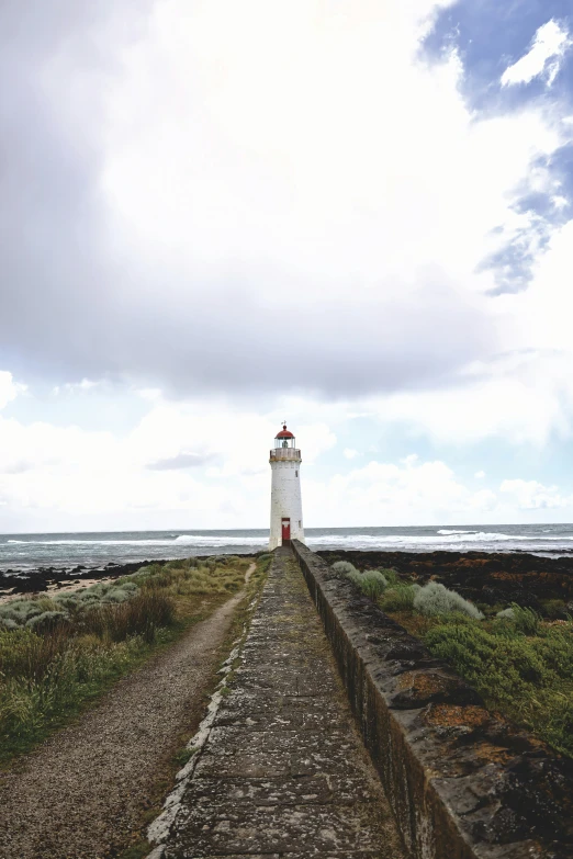 a lighthouse on the shore in front of the ocean