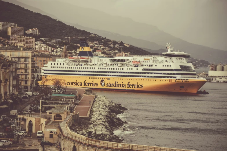 a large cruise ship anchored in the bay with the cityscape in the background