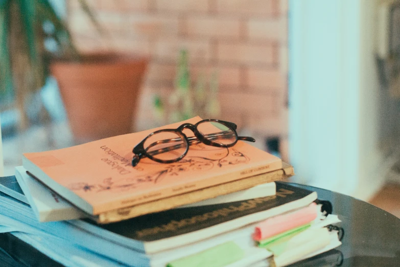 a stack of books on top of a table next to a plant