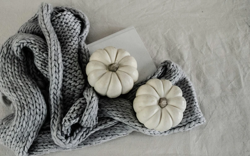 a white pumpkin wrapped in gray blanket with some black and silver pumpkins