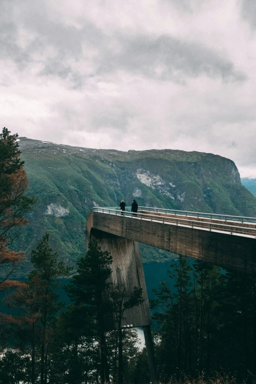 two people sitting on the edge of an overpass