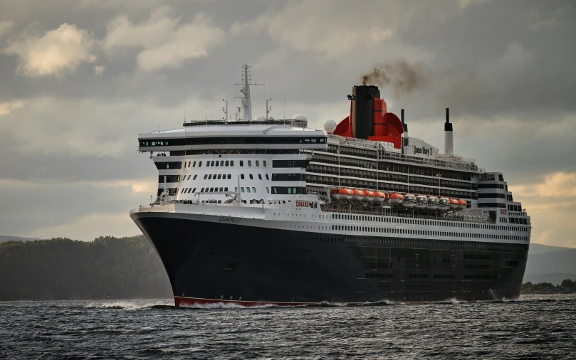 large cruise ship passing by in the ocean under grey skies