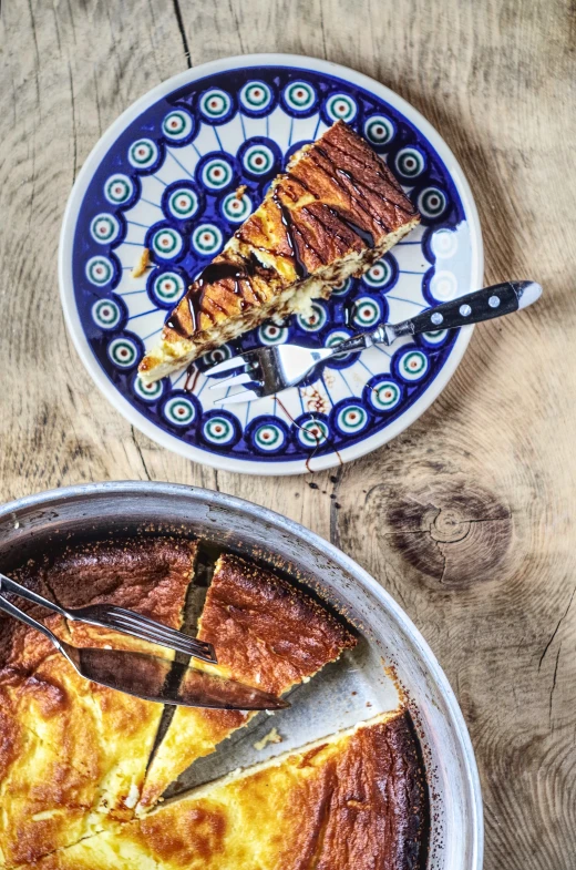 some bread that is on a blue and white plate