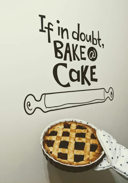 a pie that has a sign in the back