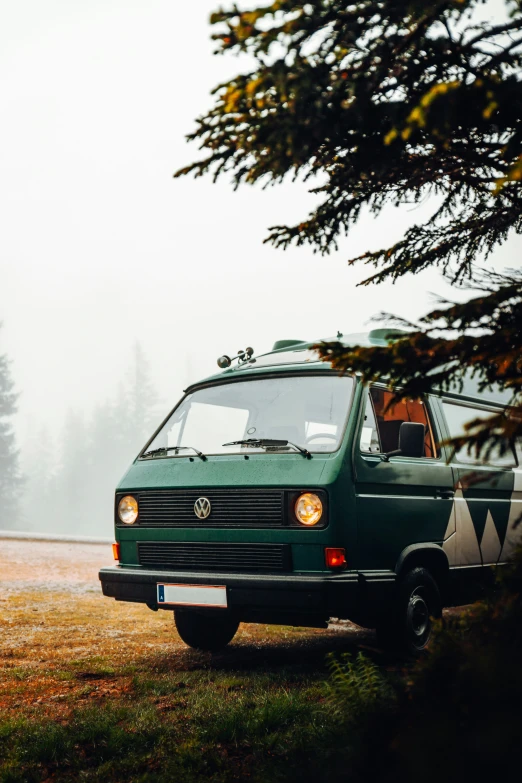 an van sits parked on grass next to trees