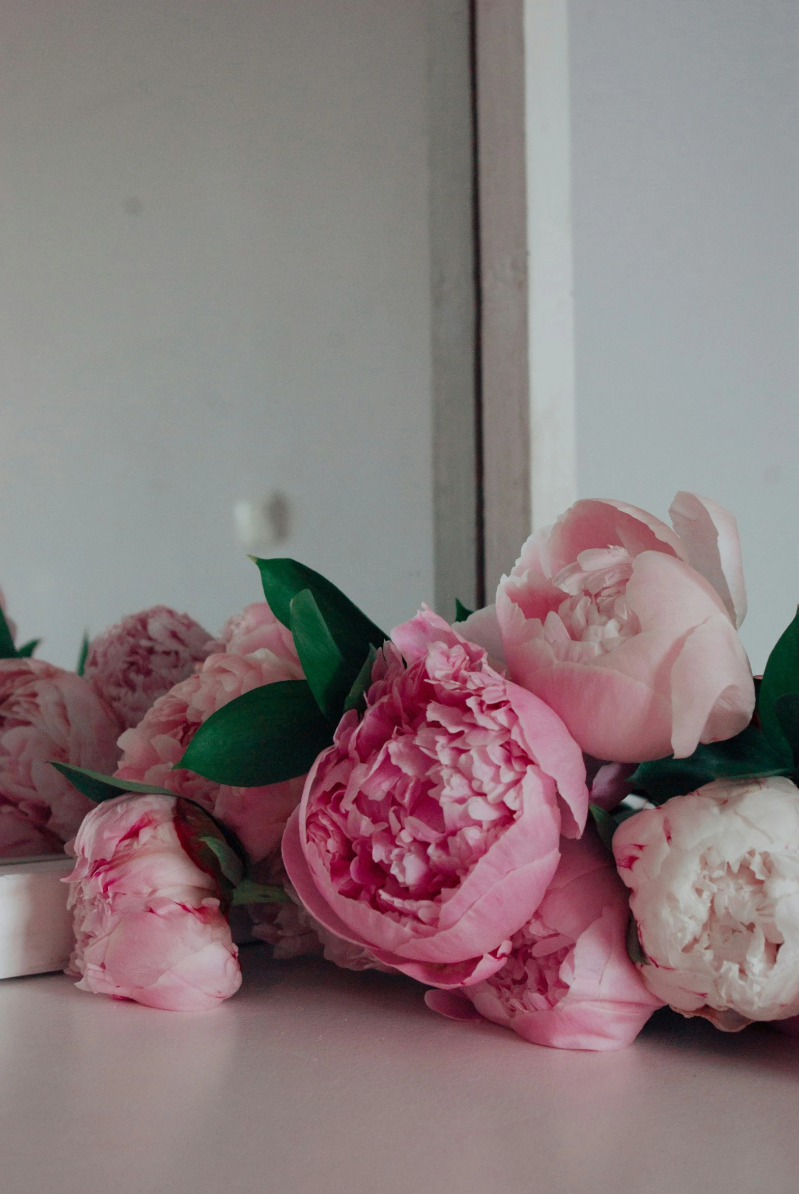 there are pink flowers on the table by a mirror