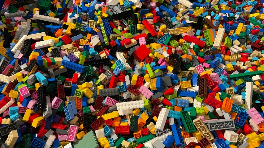 the pile of different colored bricks has a long pile