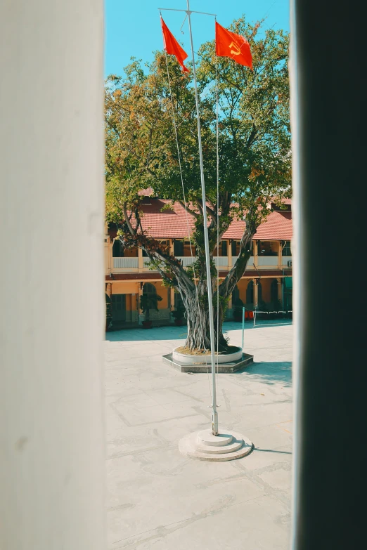 an open doorway leading to a building with trees outside