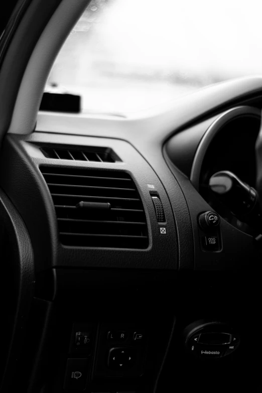 the dashboard and dash board of a car in a black and white po