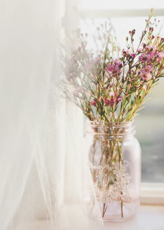 a close up of flowers in a jar near a window