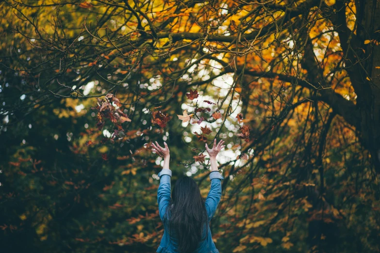 girl standing up high under leaves with arms spread