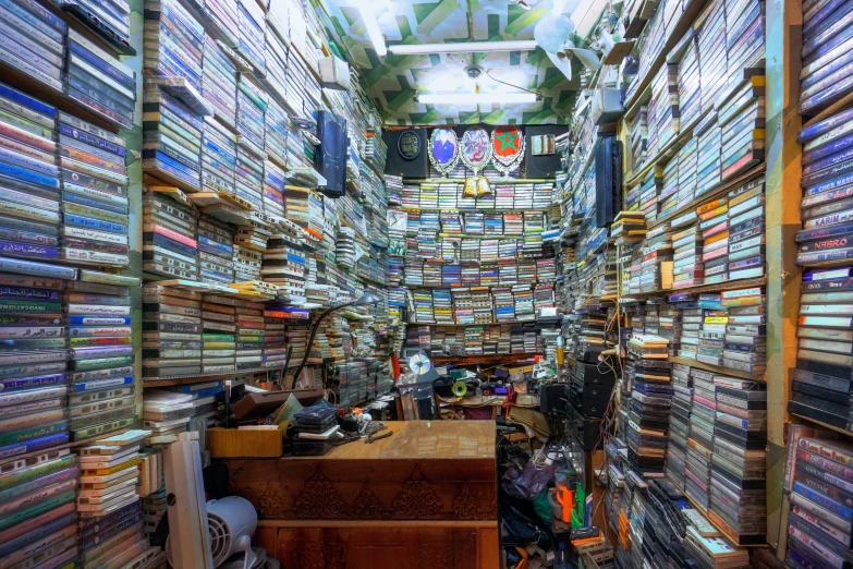 a wide angle s looking up the second floor in a bookshop full of books