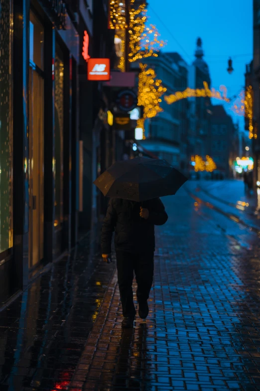 person walking in the rain carrying an umbrella on a city street