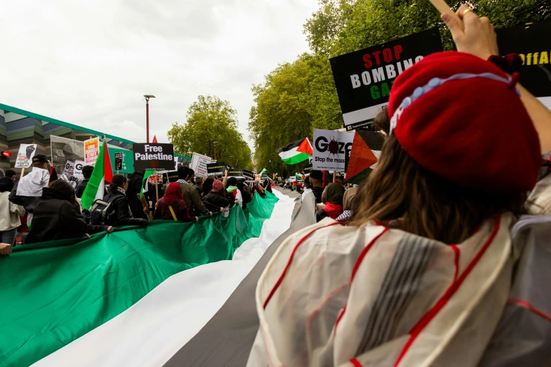 people with green flags and banners standing on street