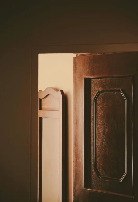 a brown door with an open front handle, with an object sticking out the back of it