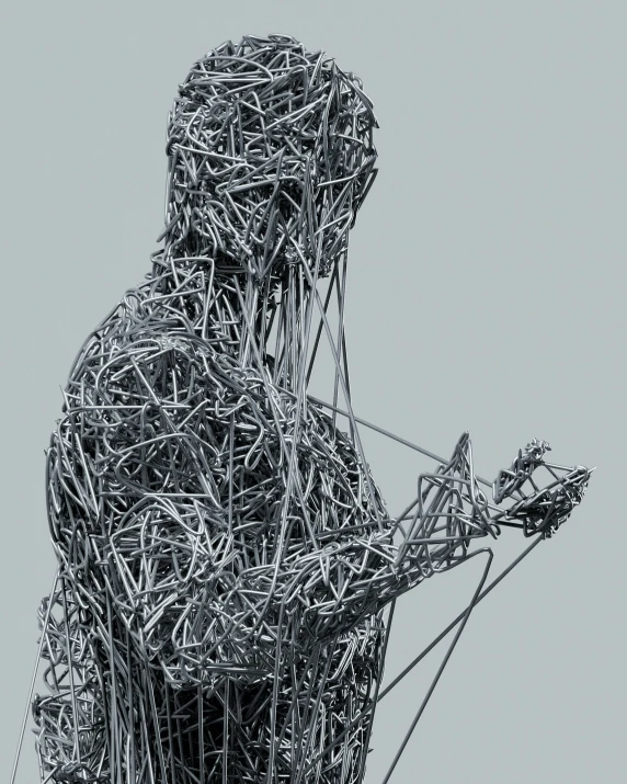 a tall sculpture is holding soing with a wire