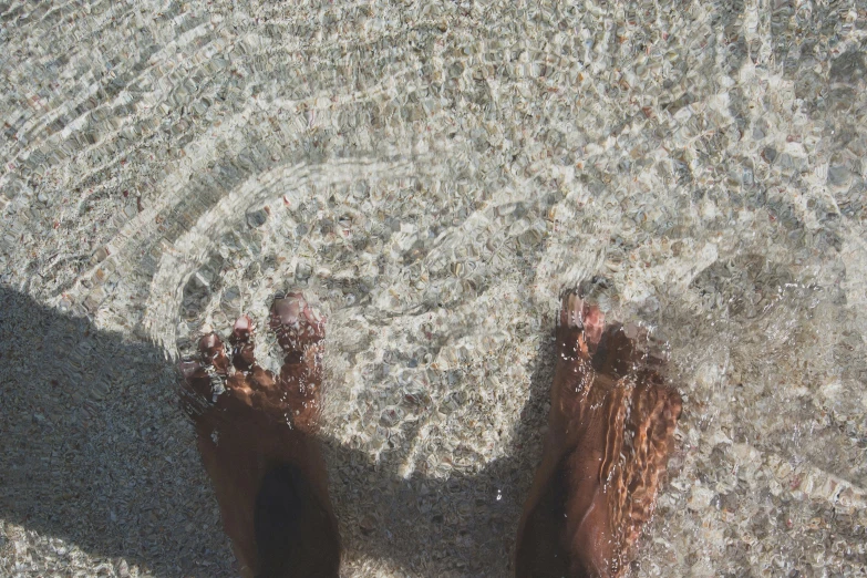 a person's feet in the sand on the beach