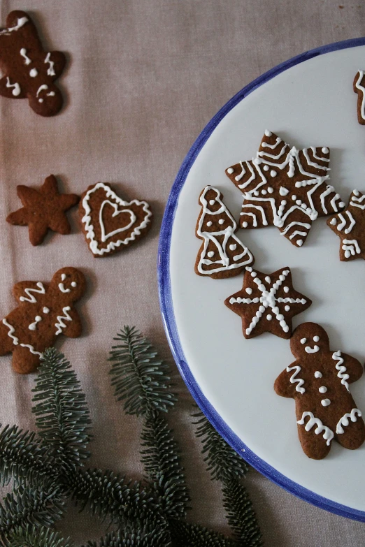 a plate with four ginger cookies in the shape of stars and a christmas tree