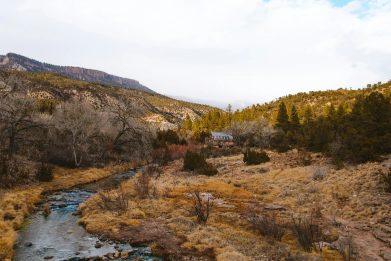 a stream runs through an arid landscape in the mountains