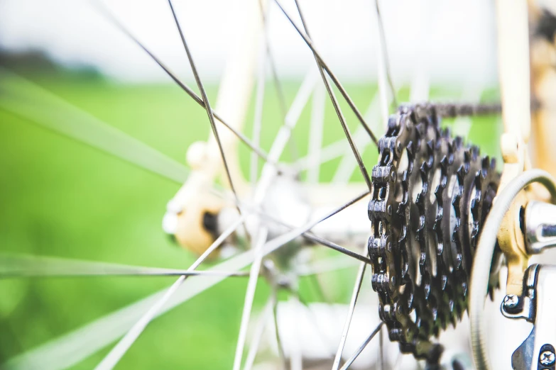 close up of spokes and gears on a bicycle