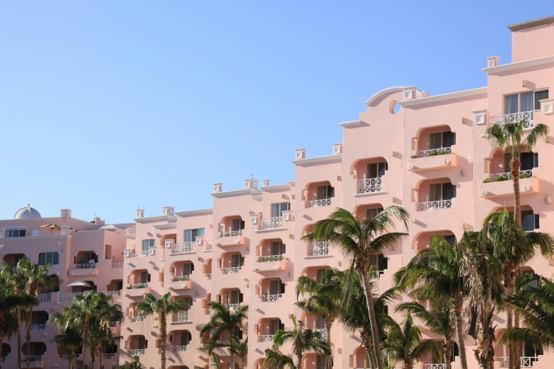 a pink el with palm trees and bright blue sky