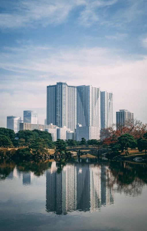 tall buildings sitting next to each other near water