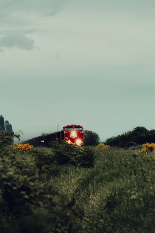 a red train riding down the train tracks through the field