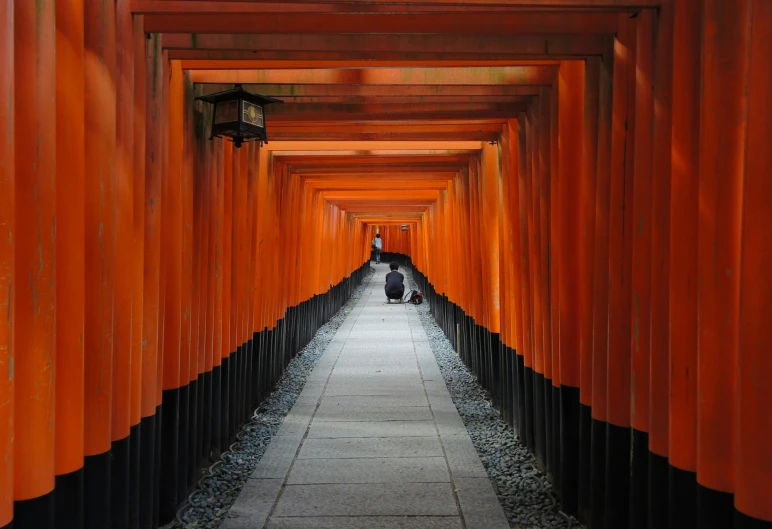 a couple walking through an alley made of orange and black columns