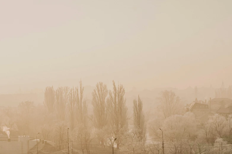 the fog is blowing in the early evening sky